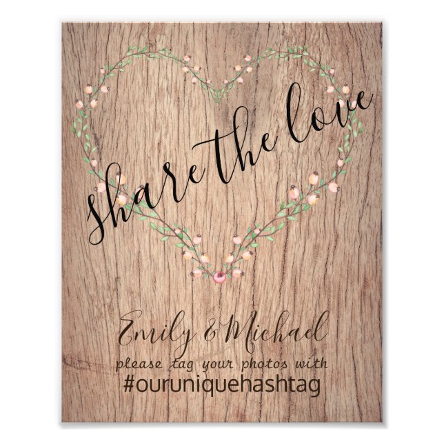 Rustic Wedding Hashtag Sign - Wood Heart Floral (Front)