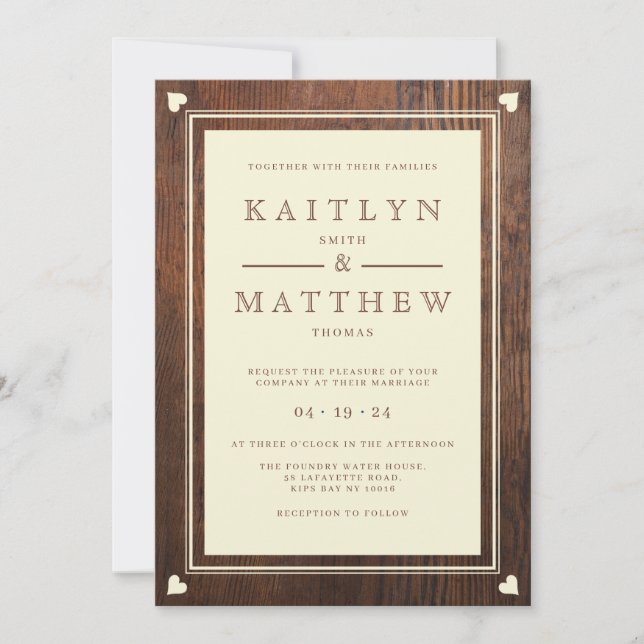 Rustic Wedding Heart Monogram in Dark Walnut Invitation (Front)