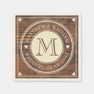 Rustic Wedding Heart Monogram in Dark Walnut Napkin