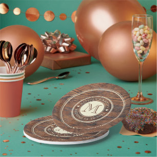 Rustic Wedding Heart Monogram in Dark Walnut Paper Plate