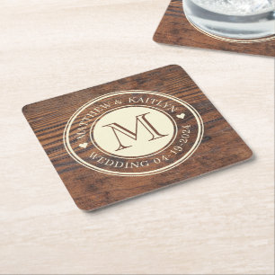 Rustic Wedding Heart Monogram in Dark Walnut Square Paper Coaster