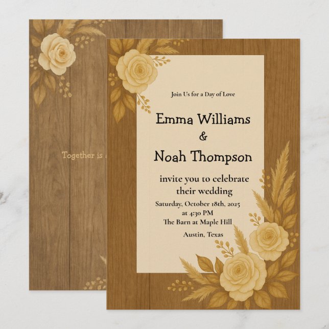 Rustic Wedding Invitation with Floral Beige Roses  (Front/Back)