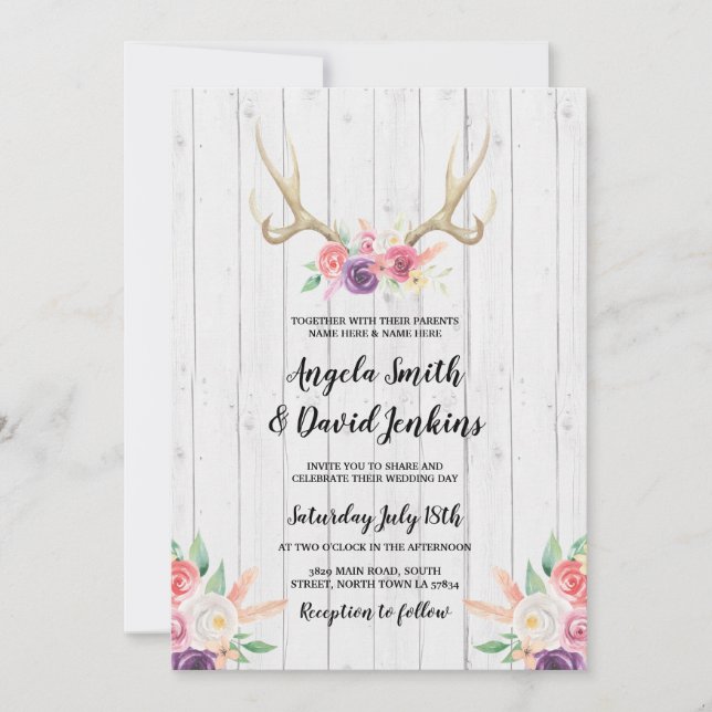 Rustic Wedding Invitations Antlers Floral Peach (Front)