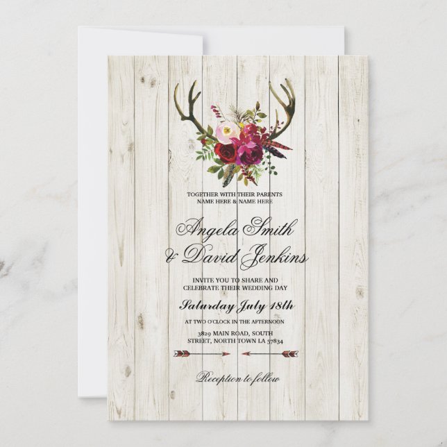Rustic Wedding Invitations Antlers Floral Stag (Front)