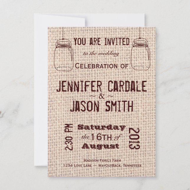 Rustic Wedding Invitations Mason Jars Burlap Print (Front)