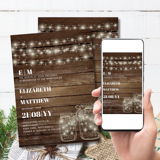 Rustic Wedding Invitations Mason Jars Lights (Printed or Digital! Print at home and save on shipping and speed!)