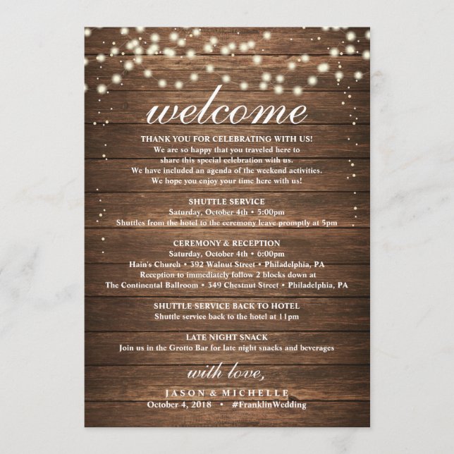 Rustic Wedding Itinerary - Wedding Welcome Letter Programme (Front)