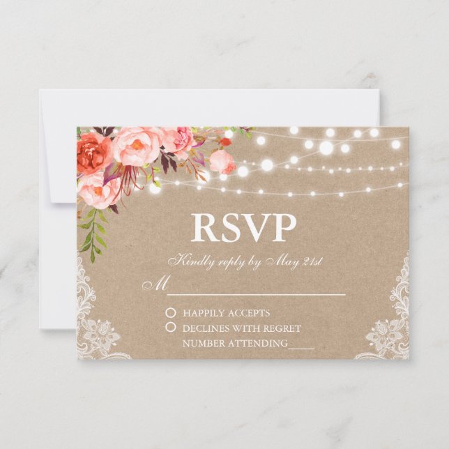 Rustic Wedding Kraft Coral Floral Lights Lace RSVP (Front)