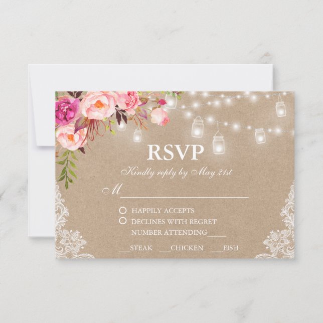 Rustic Wedding Kraft Pink Floral Lights RSVP Meal Card (Front)