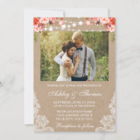 Rustic Wedding Lace Coral Floral Photo Kraft