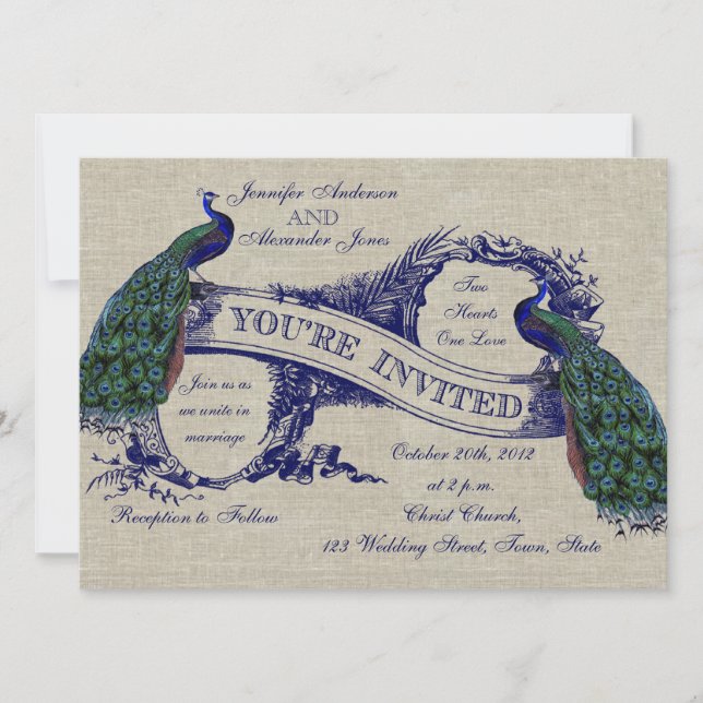 Rustic Wedding Linen Blue Peacocks Invitation (Front)
