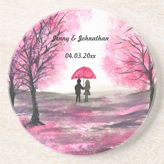 Rustic wedding love couple cherry blossoms tree coaster (Front)