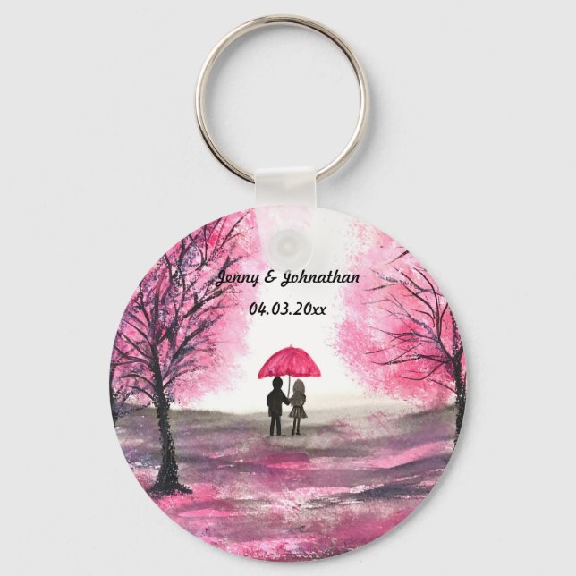 Rustic wedding love couple cherry blossoms tree key ring (Front)