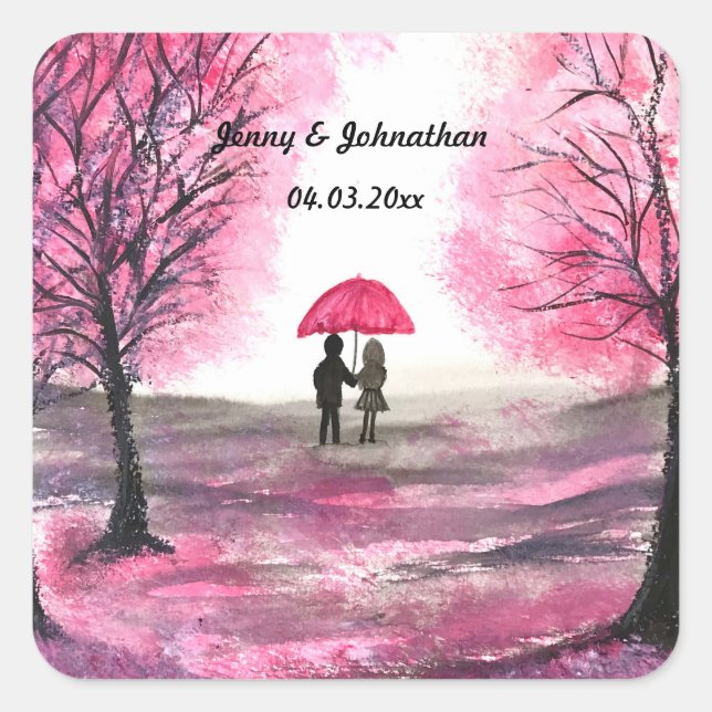 Rustic wedding love couple cherry blossoms tree square sticker (Front)