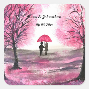 Rustic wedding love couple cherry blossoms tree square sticker