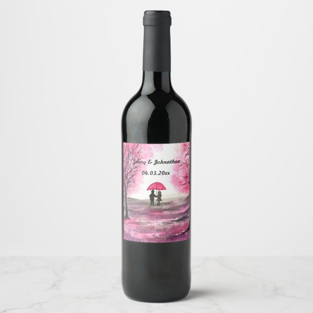 Rustic wedding love couple cherry blossoms tree  wine label (Front)