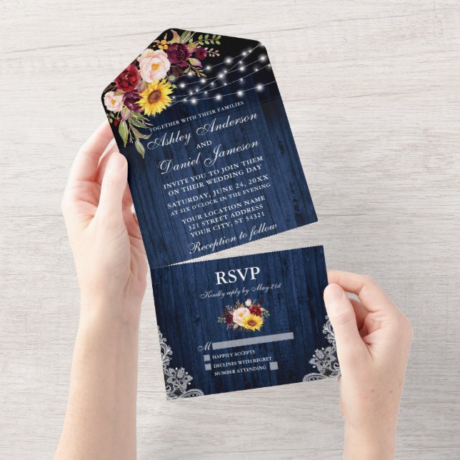 Rustic Wedding Mixed Floral Blue Wood Lights Lace All In One Invitation (Tearaway)