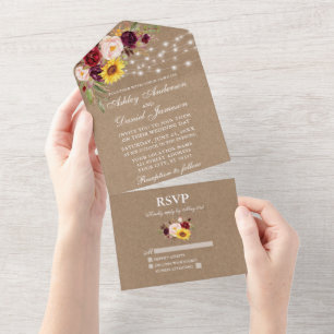 Rustic Wedding Mixed Floral String Lights Kraft All In One Invitation