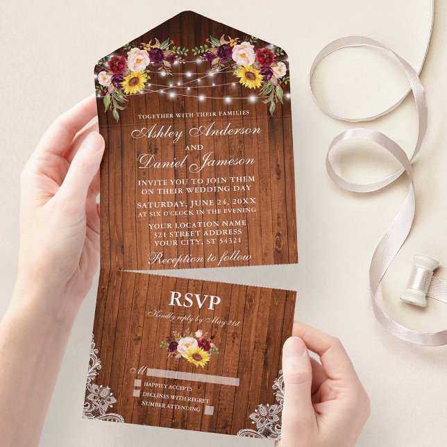 Rustic Wedding Mixed Floral Wood Lace Lights All I All In One Invitation (All In One Wedding Invitation with tear off RSVP Card)