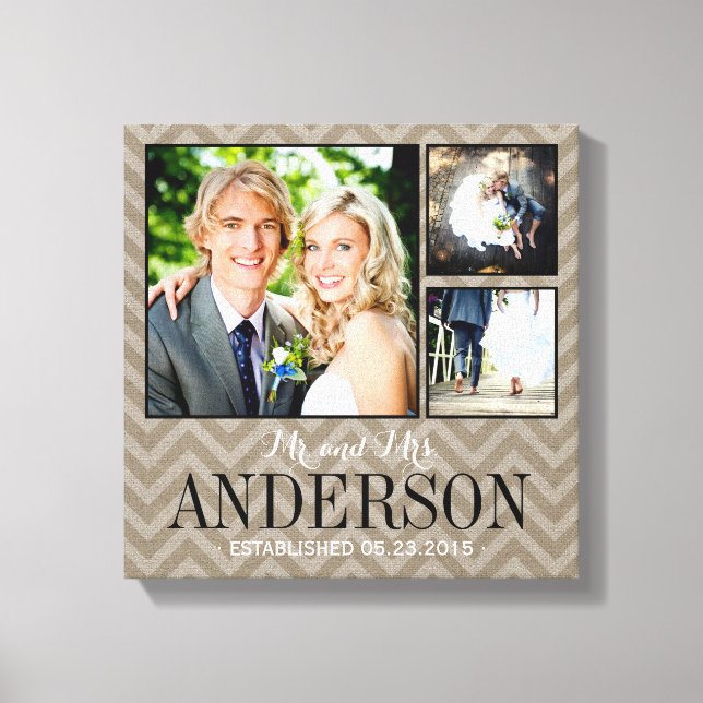 Rustic Wedding Monogram Photo Collage Canvas Print (Front)