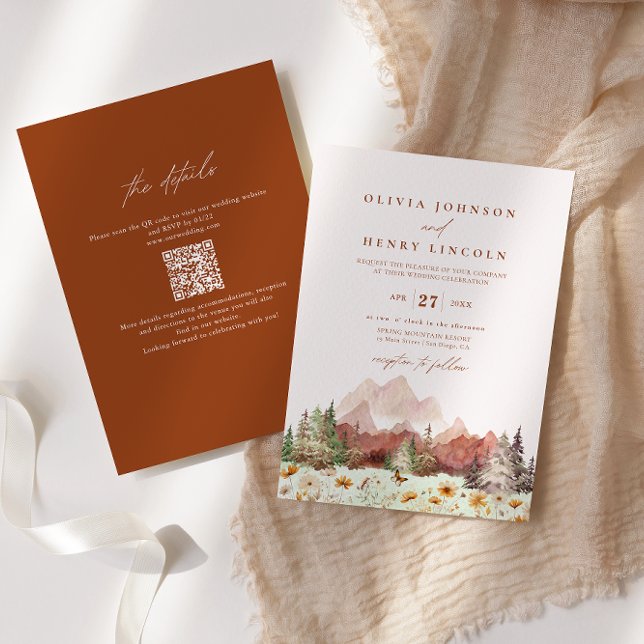 Rustic Wedding Mountain Wildflower QR Code Invitation (Creator Uploaded)