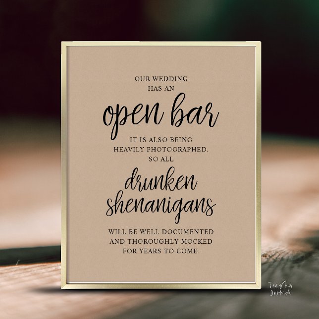 Rustic Wedding Open Bar, Drunken Shenanigans Poster (Modern Rustic Wedding Open Bar Drunken Shenanigans Poster in Cottage Brown Kraft)