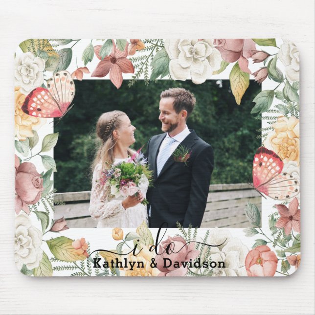Rustic Wedding Photo Floral Pink Butterfly I Do Mouse Pad (Front)
