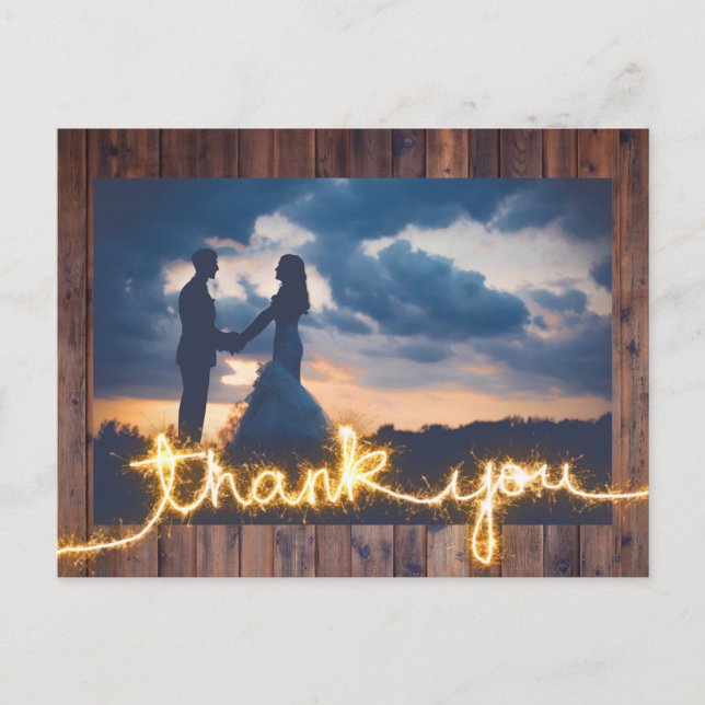 Rustic Wedding Photo Modern Sparkler Thank You Postcard (Front)