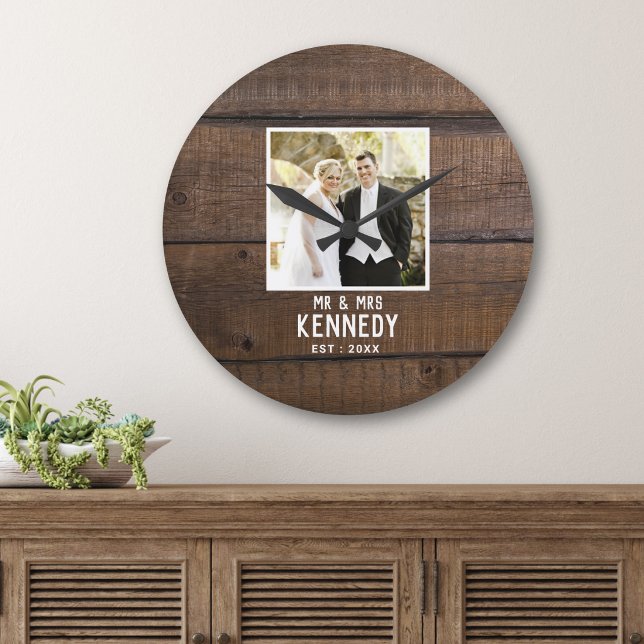 Rustic Wedding Photo Name Dark Brown Wood Plank Large Clock (Creator Uploaded)