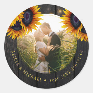 Rustic wedding photo personalised sunflowers wood classic round sticker