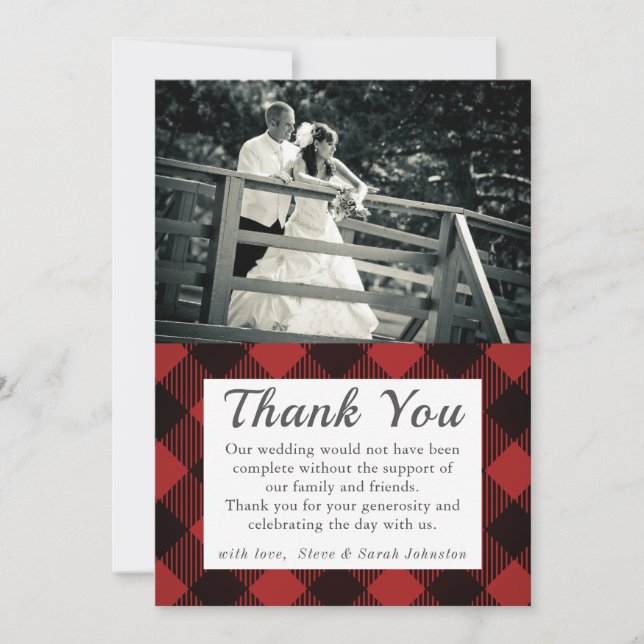 Rustic Wedding Photo Thank You Plaid Red Tartan (Front)