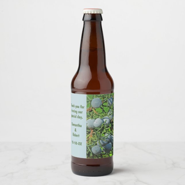 Rustic Wedding Pine Branch Berries Thank You Beer Bottle Label (Front)