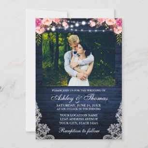 Rustic Wedding Pink Floral Blue Wood Lights Photo Invitation