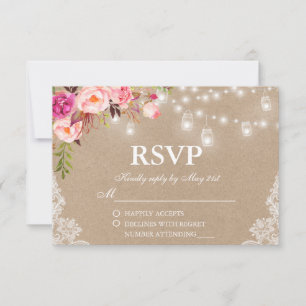 Rustic Wedding Pink Floral Lights Jars Kraft RSVP Card