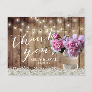 Rustic Wedding Pink Floral Mason Jar Thank You Postcard