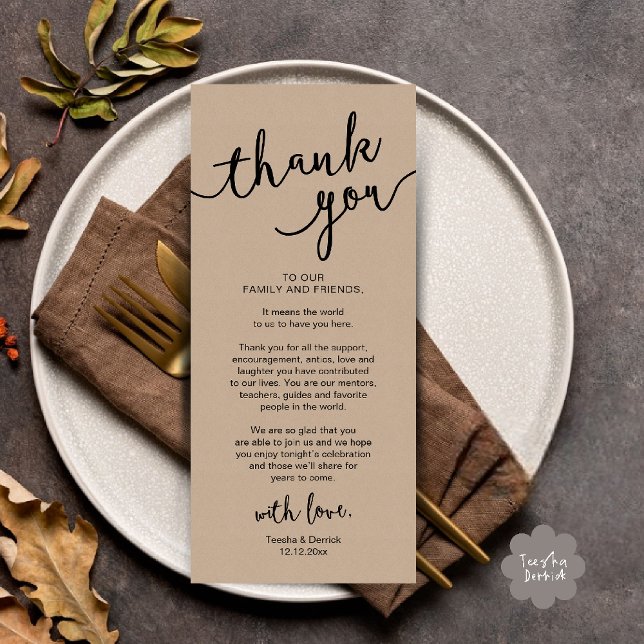 Rustic Wedding Place Setting Dinner Thank you Card (Rustic Wedding Place Setting Rehearsal Dinner Thank you Card in cottage brown kraft theme)