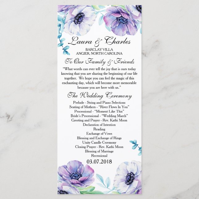 Rustic Wedding Program Anemone Watercolor Flower Programme (Front)
