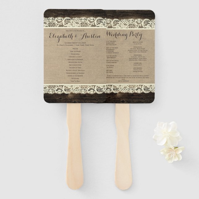 Rustic Wedding Program Fan | Barn Wood Lace Burlap (Front and Back)