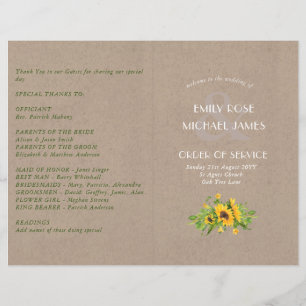 Rustic Wedding Program SUNFLOWERS Kraft Look
