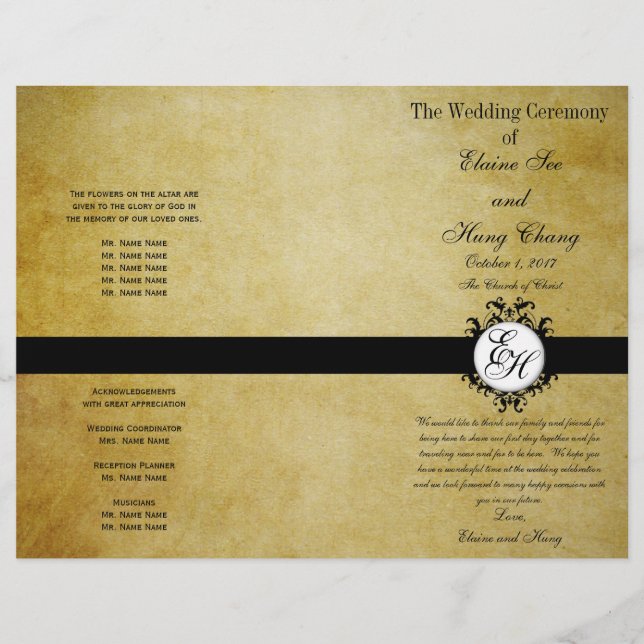 Rustic Wedding Program Vintage Monogram (Front)