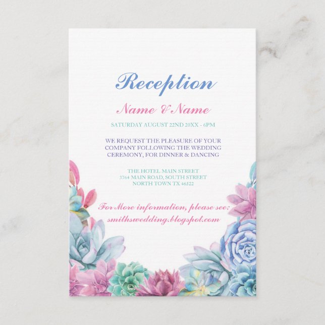 Rustic Wedding Reception Cards Pastels Succulents (Front)