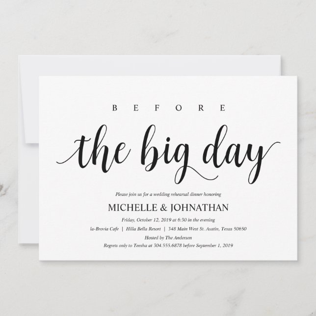 Rustic Wedding Rehearsal Dinner, Black and White Invitation (Front)