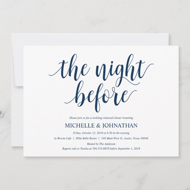 Rustic Wedding Rehearsal Dinner, Navy Blue Invitation (Front)