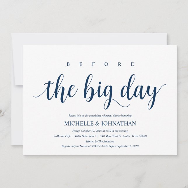 Rustic Wedding Rehearsal Dinner, Navy Blue Invitation (Front)