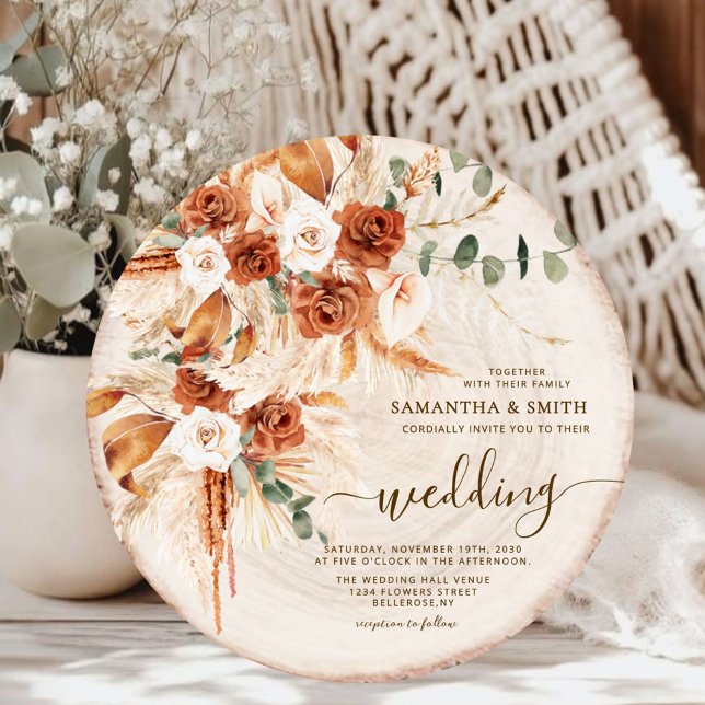 Rustic Wedding Round Wood Cut Grain  Invitation (Creator Uploaded)