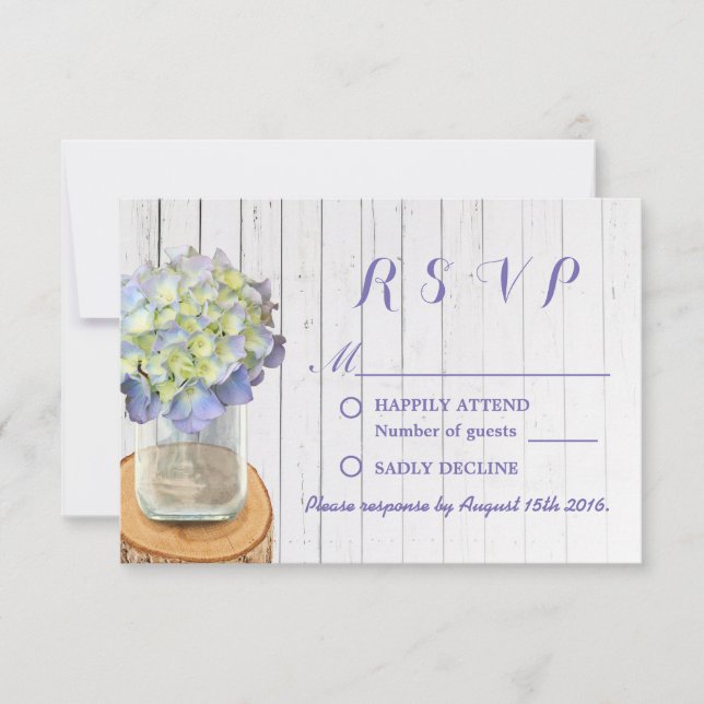 Rustic Wedding RSVP Mason Jar & Hydrangea (Front)