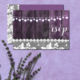 rustic wedding rsvp - wood, lace ,string hearts invitation