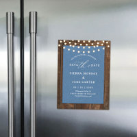 Rustic Wedding Save Date Wood Lights Denim Magnet