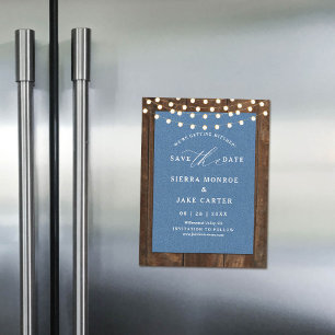 Rustic Wedding Save Date Wood Lights Denim Magnet