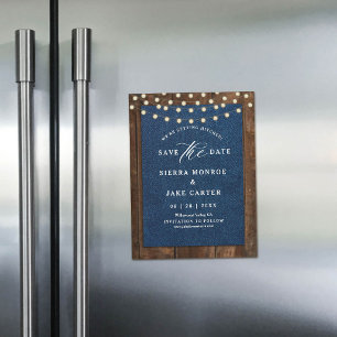 Rustic Wedding Save Date Wood Lights Denim Magnet